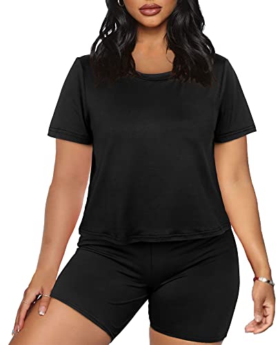 Xieerduo Biker Shorts For Women Two Piece Outfits For Women Crew Neck Black L #TOP1