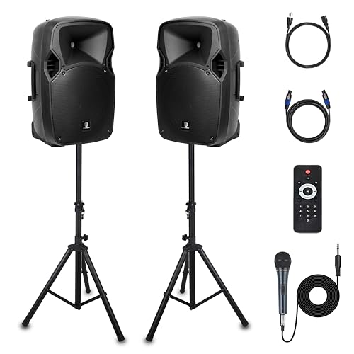 PRORECK Party 12 12-Zoll-2-Wege-Aktiv-PA-Lautsprechersystem-Kombiset mit 1000 Watt Bluetooth/USB-Laufwerk-Lesefunktion/SD-Kartenleser/FM-Radio/Lautsprecherständer