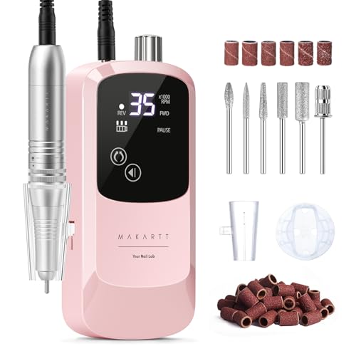 Image of Makartt Rechargeable Electric Nail Drill: 35000 RPM Nail Drill File with Storage Stand for Acrylic Gel Polishing Removing LED Display,Cordless Efile with Bits Kit for Manicure Beginner Home (Pink)