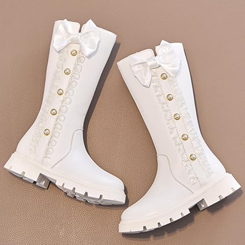 Girl Side Zip Up High Boot Lace Bowknot Cute Preppy Style Kids Shoes Lug Chunky Bottom Waterproof Leather Riding Boot3