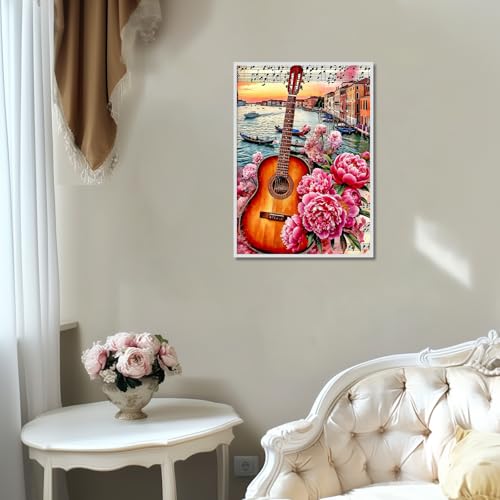 Image of AiYuanzsh 5D Diamond Painting Kits for Adults, Venice Sunset Guitar Diamond Art Kits for Adults Beginners, Peony Blooming DIY Full Drill Diamond Dot Gem Painting for Home Wall Decor 12x16 inch