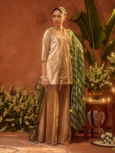 Image of FIORRA Women Beige Ice Velvet Embroidered Kurta Set with Dupatta