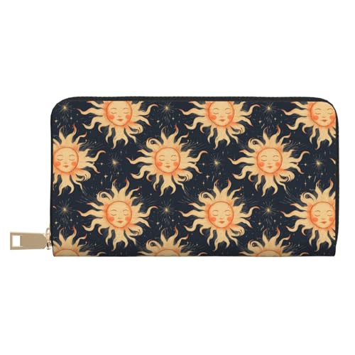 Leather Thin Slim Wallets for Women Men - Fashion Cute Sun Navy Blue Print Card Wallet Holder with Zipper