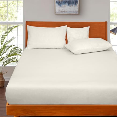 Image of ROYALE LINENS 300 Thread Count 100% Long Staple Combed Cotton Fitted Sheet Twin - Super Soft Deep Pocket Bottom Sheet - Fitted Sheets Only - Elastic Sheets (Twin, Cream)