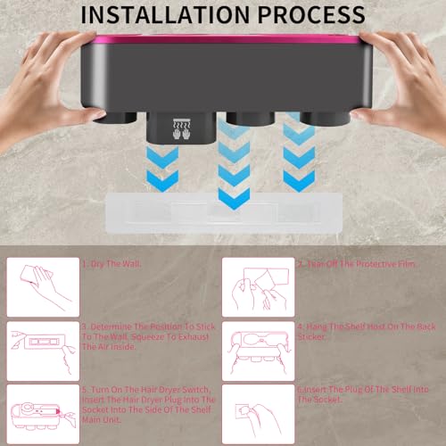 Gugxiom Hair Dryer Holder Wall Mounted,Hair Dryer Holder with Automatic Hand Drying and Magnetic Nozzle Storage,Hair Dryer Accessory Organizer for Flat Iron, Curling Wand,Hair Dryer (Rose Red) - Thumbnail 5