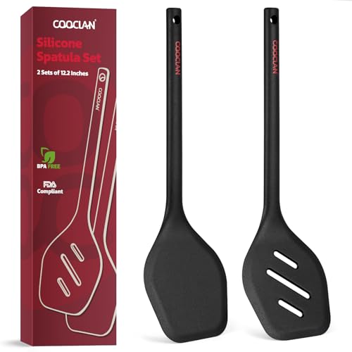 COOCLAN Pack of 2 Silicone Spatula Set, Durable One-Piece Design Heat Resistant BPA-Free Silicone Kitchen Spatulas for Non-Stick Pans, Solid & Slotted Spatula Turner Ideal for Flipping, Frying, Black