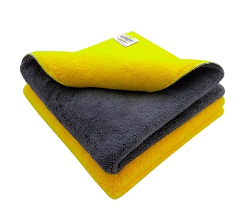 SOFTSPUN 900 GSM, Microfiber Cloth Yellow+Grey Towel Set 40X40cms 2 Piece Towel Set Extra Thick Microfiber Cleaning Cloths Perfect for Bike Auto Cars 