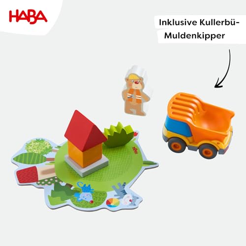 HABA Meine ersten Spiele – Baustelle: Zuordnungs- und Memospiel mit Kullerbü-Fahrzeug und Vorlesegeschichte, Baugeschichten für Kinder ab 2 Jahren – 1305211001