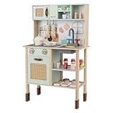 COSTWAY Kids Play Kitchen, Wooden Pretend Toy Kitchen Playset with Rear Blackboard, Stoves, Faucet, Accessories, Lights & Sounds, Dual-Sided Children's Chef Role Play Set for 3+ Years Old Boys Girls