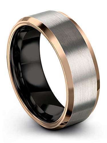 Midnight Rose Collection Tungsten Wedding Band Ring 8Mm For Men Women 18K Rose Gold Plated Bevel Edge Black Grey Brushed Polished Size 7.5 #TOP22