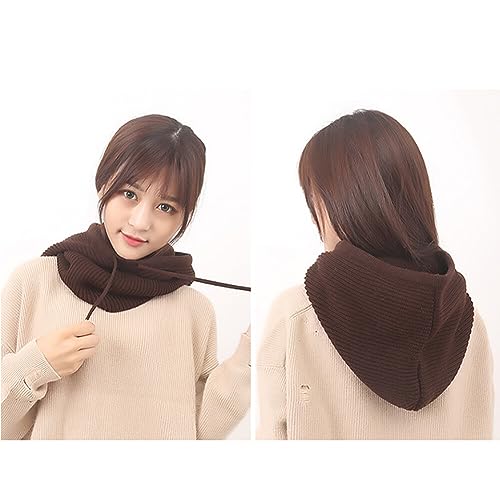 Hooded Scarf Hat with Drawstring, Soft Warm Winter Hats for Women, Knitted Hoodie Scarf Neck Warmer Coffee2