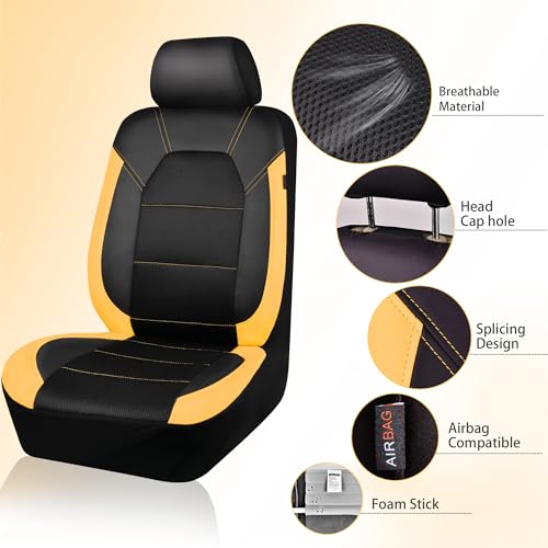 Image of CAR PASS Leather Seat Covers, Breathable Universal Car Seat Cover Full Set for Cute Women Girly,5mm Composite Sponge Inside,Airbag Compatible Fits Most Auto,SUVs,Trucks,Vans(Full Set,Black&Yellow)