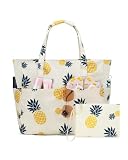 KABAQOO Sac de Plage XXL Famille avec Fermeture Éclair et Compartiment Humide Sac Cabas Piscine Femme Grand avec Multipoches Tote Bag pour Voyage Natation Shopping, Ananas