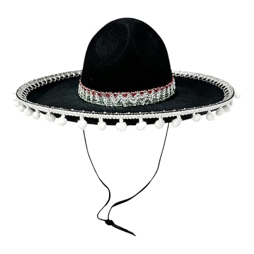 dPois Black Mariachi Sombrero Hat Adult Mexican-Style Fiesta Hat with Pompom Decor and Adjustable Chin Strap Black White One Size