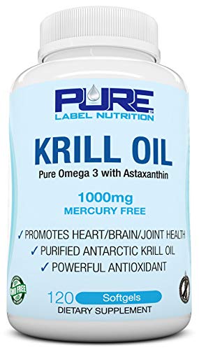 Pure Label Nutrition Fresh Antarctic Krill Oil 1000mg, Omega 3's, Extra Strength EPA & DHA softgels, with Antioxidant Astaxanthin. Heart Health Supplement and No Fishy Aftertaste. 120 gelcaps Pure Label Nutrition Fresh Antarctic Krill Oil 1000mg, Omega 3's, Extra Strength EPA & DHA softgels, with Antioxidant Astaxanthin. Heart Health Supplement and No Fishy Aftertaste. 120 gelcaps