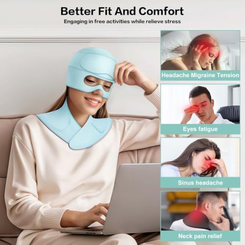Image of 3 in 1 Migraine Cap with Eye Holes,Neck ice Pack wrap Cold Cap for migraines Hot and Cold Therapy Headache Relief Cap for Headaches, Stiff Neck,Eye Fatigue, Tension and Pain (Light Blue)