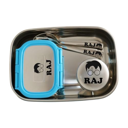 Image of ncgifts Personalized Tiffin | Customized Lunch Box | Personalized Stainless Steel Tiffin Box | Your Child's Name and Favourite Character Engraved | for Scholl Students and Return Gift (Sky)