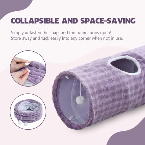 Image of Straight Bubble Cat Tunnel for Indoor Cats 47 inchx12 inch, Dusty Purple | Cute Cat Toys, Collapsible Tunnel Tube with Hanging Balls for Puppy Kitten Rabbit
