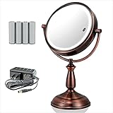 Ovente 7.5' Lighted Tabletop Vanity Makeup Mirror, 1X & 10X Magnifier, Spinning Double Sided Round LED, 3 Tone Smart Touch, Auto Shut Off Timer, Battery & AC Plug Powered, Antique Copper MPT75CO1X10X