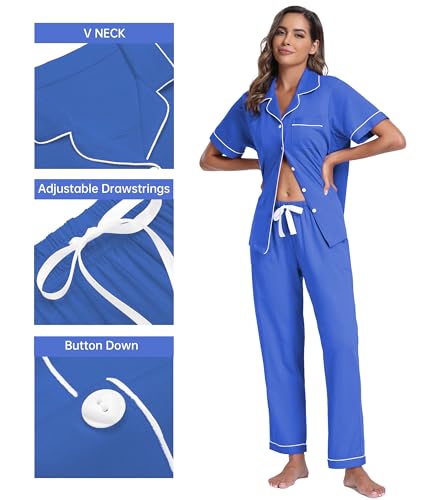 Image of CF Womens 100% Cotton Pajamas Set Button Down Pjs Sets Short Sleeve Top & Long Pants Sleepwear Comfy Loungewear with Pockets