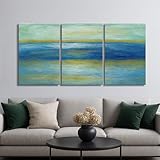Blue and Green Abstract Triptych Wall Art Set of 3, Coastal Ocean Horizon Canvas Prints, Modern Seascape Painting for Living Room Office Decor
