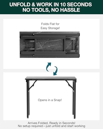 Image of Frylr Small Folding Computer Desk - 35.8 Inch Portable Table for Craft and Study, Lightweight Desk for Small Spaces, Foldable Laptop Table Built-in AC /USB Outlets for Convenience, Marble Greige