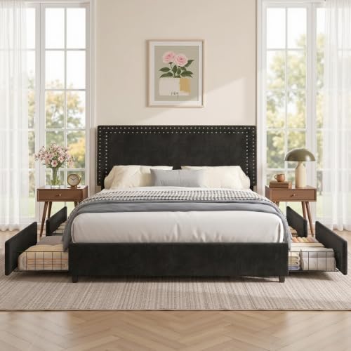 Image of VECELO Queen Size Upholstered Bed Frame with 4 Storage Drawers, Adjustable Velvet Rivet Decor Headboard, Wooden Slats Platform Support, No Box Spring Needed, Easy Assembly,Black