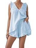 Acrawnni Damen-Pyjama-Set, Fliegenärmel, V-Ausschnitt, Schweizer Mini-Shorts, weiche Schlafanzug,...
