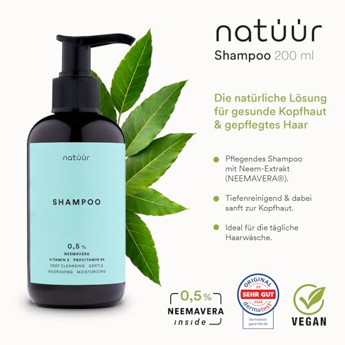 natüür Shampoo 200 ml | Nährendes Haarshampoo mit Neemavera, Vitamin E & Provitamin B5 | Feuchtigkeit & Glanz | Natürliche Haarpflege Damen | Shampoo Damen & Herren für sanfte Tiefenreinigung