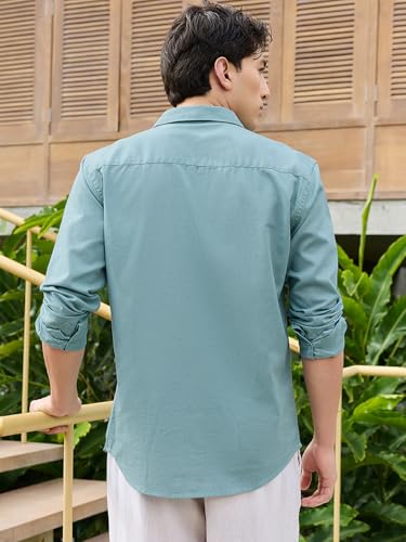 Image of Bewakoof Mens Solid Regular Fit Full Sleeve Collar Cotton Linen Blend Shirt