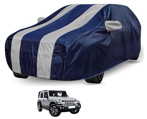 Image of Auto Hub Car Cover Compatible with Mahindra Thar Roxx (5 Doors) with Mirror Pocket, Water Resistant, Triple Stitched, Thar Roxx Car Cover- Navy-Silver