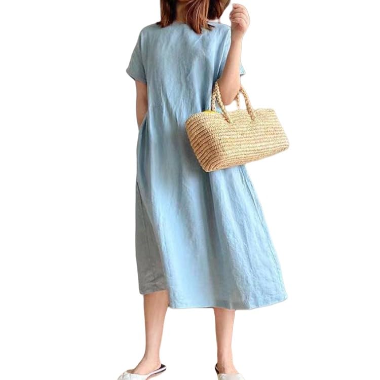 Robe mi-longue coton lin femme ample manche courte bleu clair XS