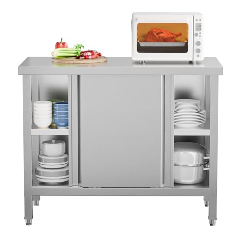ROVSUN Stainless Steel Table with Cabinet 39 x 19 Commercial Kitchen Workbench for Pre Work with Sliding Doors Large Space Storage for Kitchen Restaurant Hotel Garage Warehouse