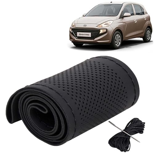 Image of KINGSWAY PU Leatherite Car Steering Cover Sewable Compatible with Hyundai Santro (Year 2018 Onwards), Black Color with Black Thread, Pack of 1 with Sewing Needle and Thread