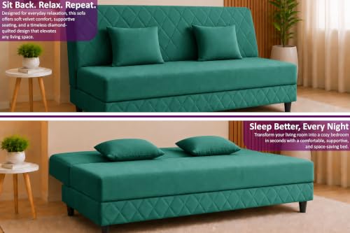 Image of Velvet Fabric Sofa Cum Bed | 3 Seater Sofa Bed | Premium Upholstered Folding Couch for Living Room, Guest Room & Bedroom | Quilted Backrest with 2 Cushions (Green)