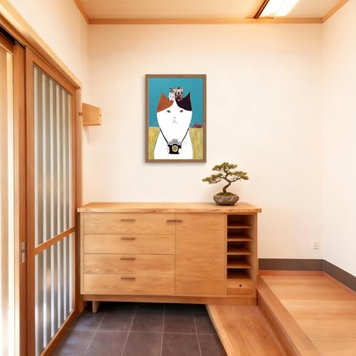 木子誉絵画館 アートパネル ポスター カメラの猫 動物画 絵画 インテリア おしゃれ ウォールアート 猫の絵 玄関 階段 廊下 寝室 リビング 壁飾り 木目調フレーム付きの完成品（40×30cm） [4]