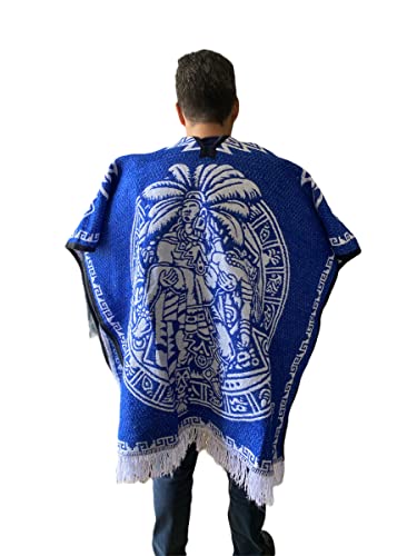 ROYAL BLUE MEXICAN CALENDARIO AZTECA PONCHO , CALENDARIO , PONCHO , UNISEX , REVERSIBLE , MEXICO , MADE IN MEXICO , GABAN , SERAPE , TRADITIONAL PONCHO , AZTEC , THICK PONCHO4