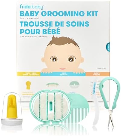 Frida Baby Grooming Kit | Baby Essentials Gift Set Includes Finger Brush with Storage Stand, Hair Brush with Case, Styling Hair Comb, Easy Grip Nail Scissors with Nail File and Case