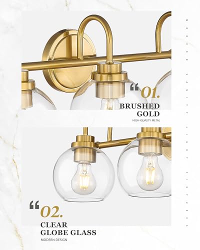 Image of Bathroom Light Fixtures, 3-Light Brushed Gold Vanity Lights with Globe Clear Glass, Champagne Bronze Vanity Lighting Fixtures Over Mirror, AD-22280-3W-GD