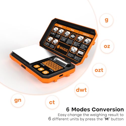 Image of MAXUS Pocket Scale, 200g x 0.01g, with 50g Calibration Weight and USB Cable | Digital Gram Scale, 6 Units, Backlit LCD, Stainless Steel Platform, Rubber Edges, for Jewelry, Coins, Powders, Food or Gems