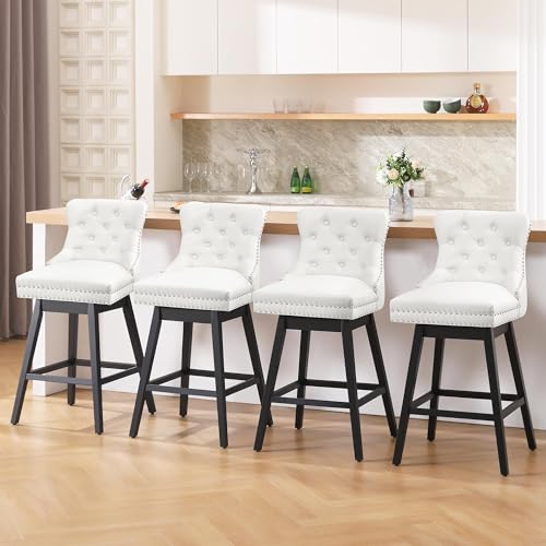 Image of White Leather Swivel Bar Stools Set of 4 with Back, 30 Inch Counter Height Chairs, Solid Wood Legs, Tufted Seat, Comfortable and Stylish for Kitchen, Island, Home Bar(White, 4 Pack, 30 inch H)