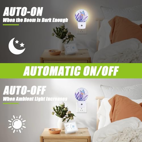 Image of Lavender Flowers Night Light,Watercolor Butterfly Night Lights Plug into Wall for Kitchens Toilets Bedroom Decorative Half Round Nightlight Led Lamp 0.5W Sleep Friendly
