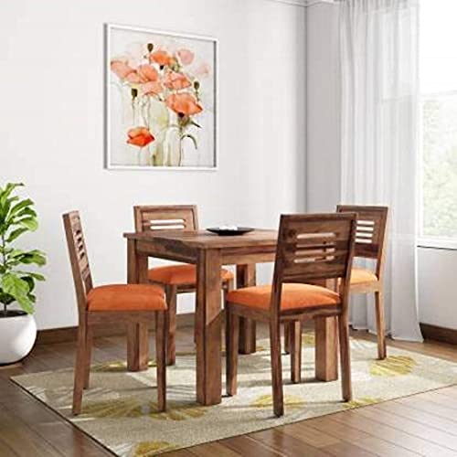 Image of VK Furniture Sheesham Solid Wood 4 Seater Dining Table Set of Four with 4 Cushion Chairs for Dinner Hall Kitchen Living Room Home Office Restaurant |L45 X W30 X H30|Natural Finish