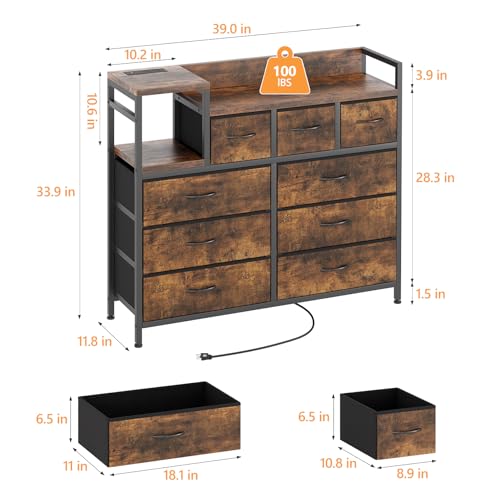 GarveeHome 9-Drawer Storage Bedroom Dresser TV Stand | Multi-Functional with Built-in Charging Station, Tall Dresser for Closet Organization, Kids Room & Apartments, Rustic Brown