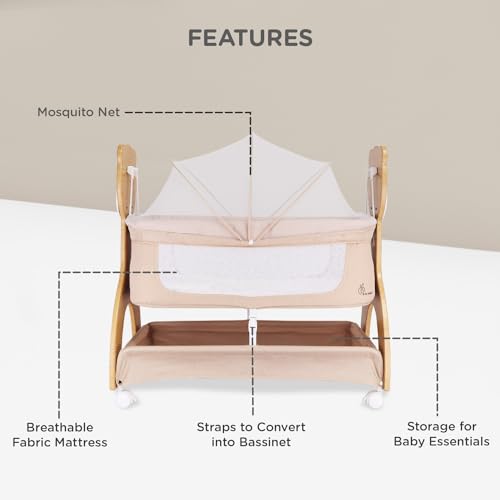 Image of R for Rabbit Lullabies Woodsy 2 in 1 Manual Swing Wooden Cradle Newborn Baby Convertible Cot Bassinet with Mosquito Net, Lockable Wheels & Storage Space for Kids 0-12 Months, Upto 12 Kg (Beige)