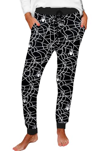 Womens Halloween Spiderweb Pajama Pants Lounge Cotton Pumpkin Spiderweb Jogger Pants XL