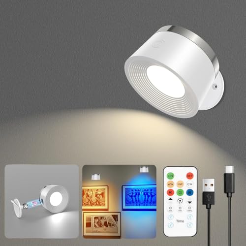 Image of LED Wall Sconces Set of Two, Rechargeable Battery Operated Wall Lights with Remote, Wall Lamp Wireless 3 Color Temperatures + 13 RGB & Dimmable Magnetic 360 Rotation (1 pc White)