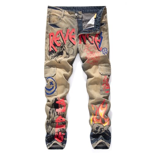 Men's Straight Slim Jeans Denim Pants Printed Biker Moto Casual Multi-Pocket Male