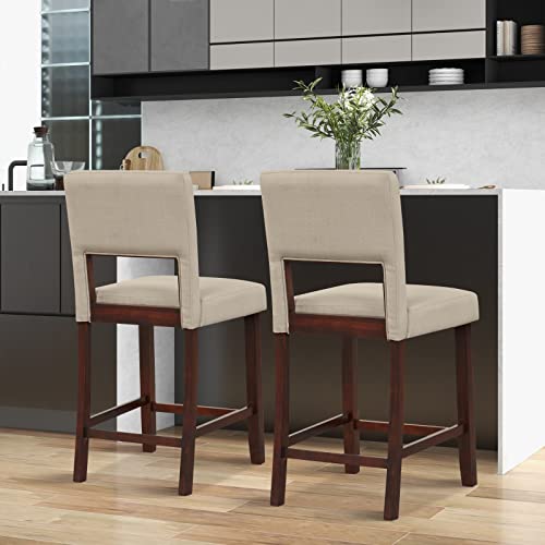 Image of COSTWAY Bar Stools Set of 2, Linen 24.5 Inch Counter Height Chairs with Hollowed Backs, Rubber Wood Legs, Upholstered Barstools for Kitchen Island Home Bar Pub Dining Room, Beige