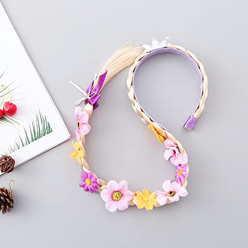 Soochat Tiara de peruca trançada longa princesa Rapunzel com tiara e flores adornadas, perucas de pr